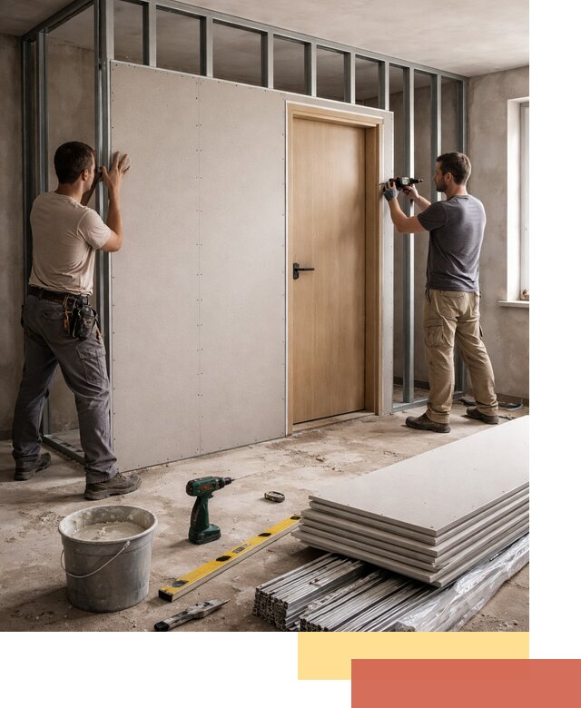 Перегородка из гипсокартона с дверью под ключ в дзержинском