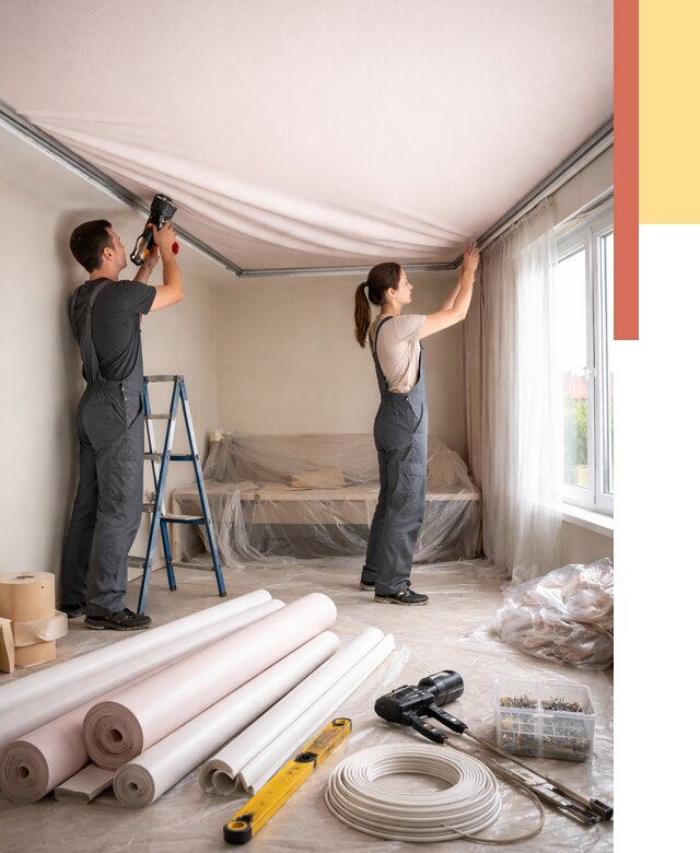 Монтаж цветного натяжного потолка в дзержинском от 4298 руб/м² — быстро и недорого | ОТДЕЛОЧНИК-Дзж