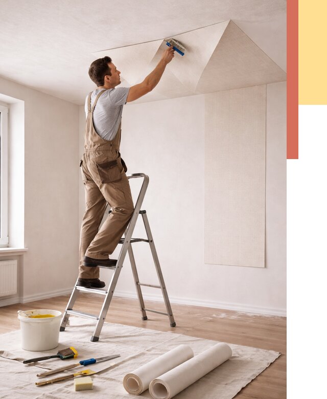 Поклейка обоев на потолок в дзержинском от 4605 руб. быстро и недорого | ОТДЕЛОЧНИК-Дзж